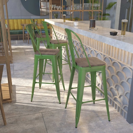 Green Metal Barstool With Back And Wood Seat,30 High